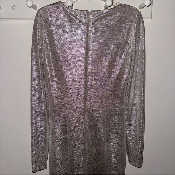 Eliza J Silver Metallic V-Neck Twist Front Plunging Long-Sleeve Wrap Gown - Picture 10 of 15